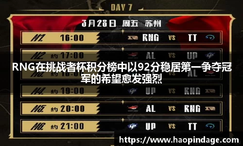 RNG在挑战者杯积分榜中以92分稳居第一争夺冠军的希望愈发强烈